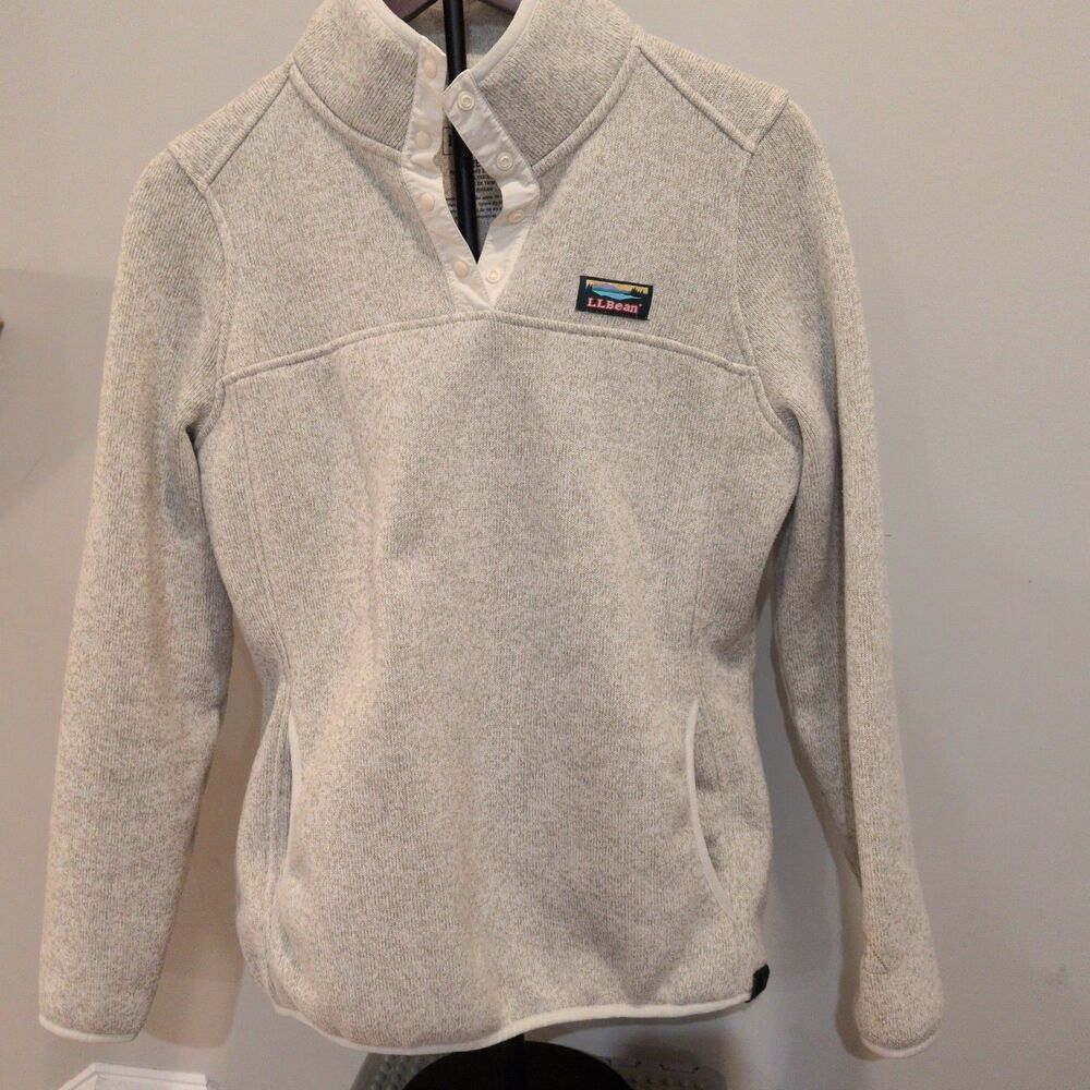 L.L. Bean Women's Sweater Fleece Pullover Snap Neck Cream Heather Small S